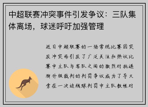 中超联赛冲突事件引发争议：三队集体离场，球迷呼吁加强管理