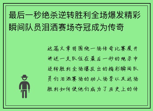 最后一秒绝杀逆转胜利全场爆发精彩瞬间队员泪洒赛场夺冠成为传奇