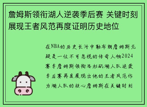 詹姆斯领衔湖人逆袭季后赛 关键时刻展现王者风范再度证明历史地位